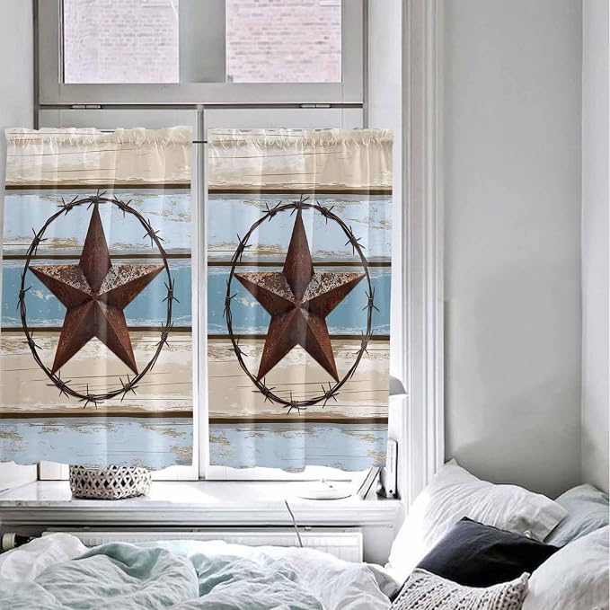 Vintage Western Star on Wood Grain Window Valance Curtains, Retro Wooden