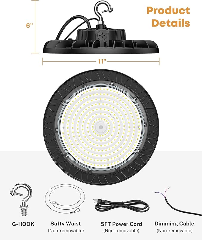 UFO LED High Bay Lights 150W 22500LM, 5000K 0-10V Dimmable High Bay Led Shop Lights AC100-277V with 5' Cable Plug, ETL Listed High Bay Light for Warehouse Garage Factory Gym Workshop Barn