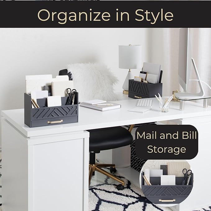 BLU MONACO Grey Wooden Desk Organizer with Drawer and Gold Handle – Perfect Desk Accessories for Home Office Organization – Desktop Mail Storage for Office Supplies