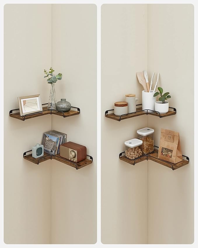 VASAGLE Corner Shelf Wall Mount Set of 2, Floating Shelves, Small Wall Shelf for Decor Storage, for Living Room Bedroom Kitchen Bathroom, Rustic Brown and Black ULLS831B01