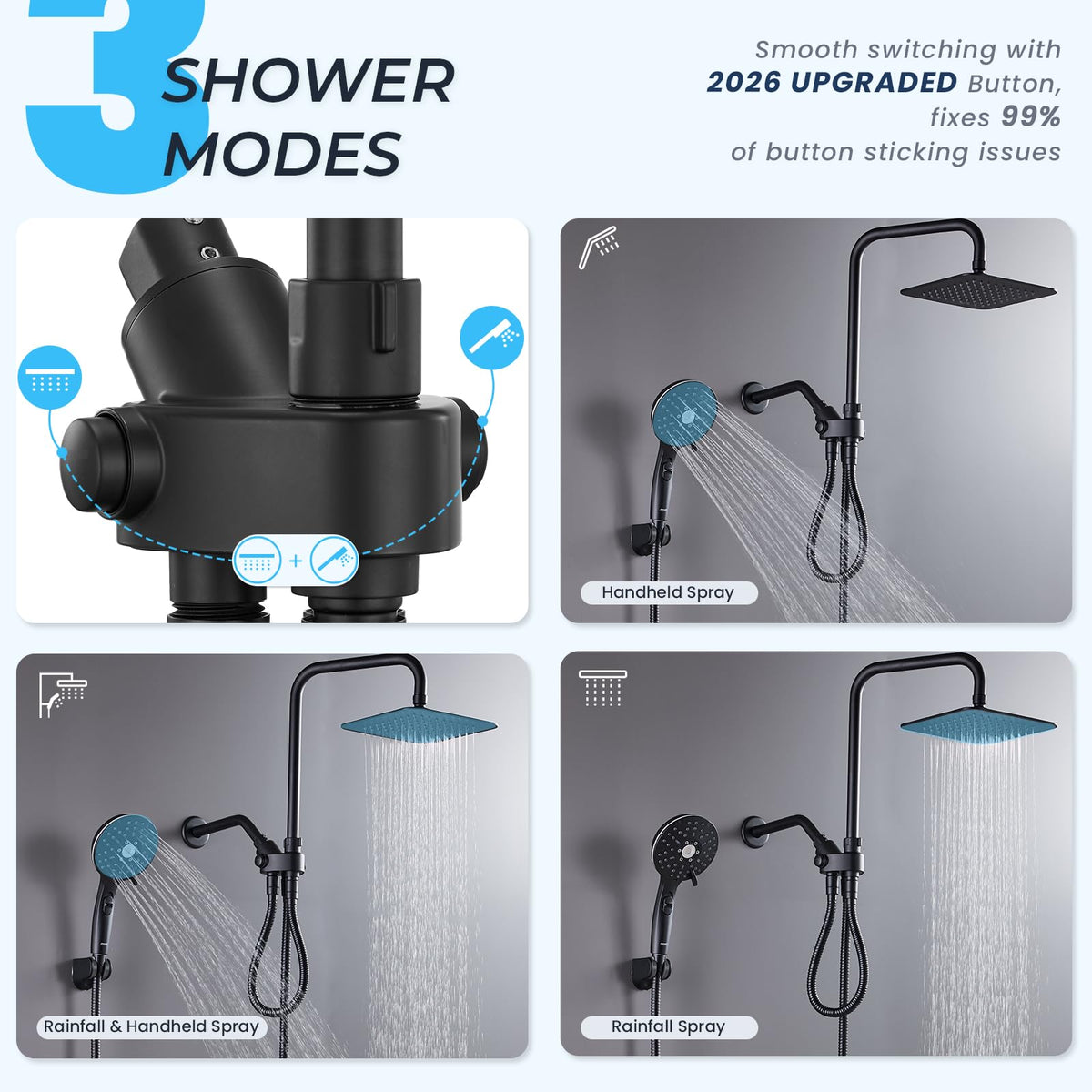 Ryamen Dual Shower Head Combo, 8'' High Pressure Rain Shower Head with Handheld Spray, 6+1 Spray Settings Handheld Showerhead, Height Adjustable, One-touch Pause Button, Matte Black