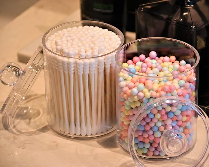 4 Pack Qtip Holder Storage Canister for Cotton Ball, Cotton Swab, Pads, Floss; 10-Ounce Clear Plastic Apothecary Jar with Lid, Bathroom Makeup Organizer (4)