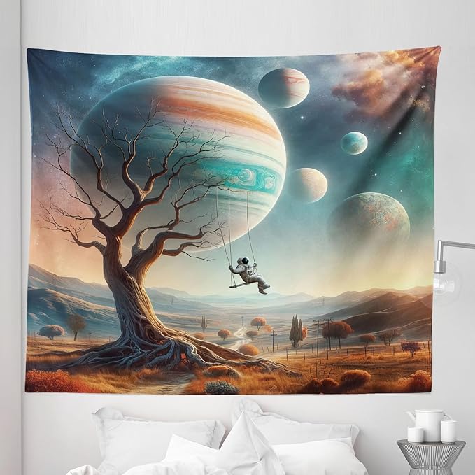 Ambesonne Space Tapestry King Size, Scene of a Lonely Astronaut on a Swing in an Unknown Galaxy Among Planets and Trees, Wall Hanging Bedspread Bed Cover Wall Decor, 104" X 88", Teal Ginger