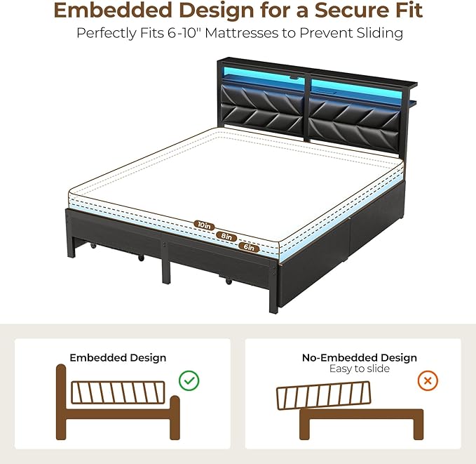 Seventable Queen Bed Frame with 4 Storage Drawers, Charging Station & LED Lights, Upholstered Headboard with 2-Tier Shelves, Metal Platform Bed, No Box Spring Needed, Noise-Free, Black