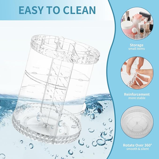 V-HANVER 360 Rotating Makeup Organizer Perfume Organizer Clear Cosmetic Storage Display Case Large Capacity Acrylic Beauty Holder Adjustable Partition Height for Bedroom Dresser or Bathroom Vanity