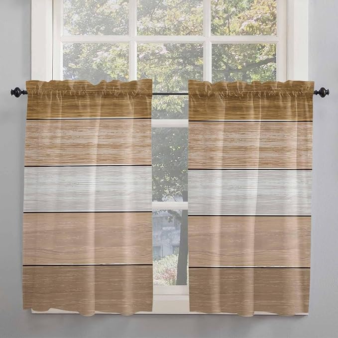 Retro Farm Wood Board Window Valance Curtains, 2 Panel