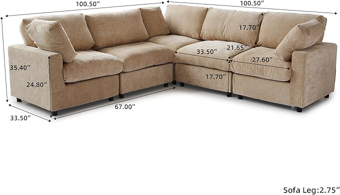 JACH V Shape Sectional Couches for Living Room, Deep Seat Convertible Modular Sofa, Cloud Sectional Couch, Sofa Covers Washable, Minimalist Couch for Living Room, Apartment, Khaki