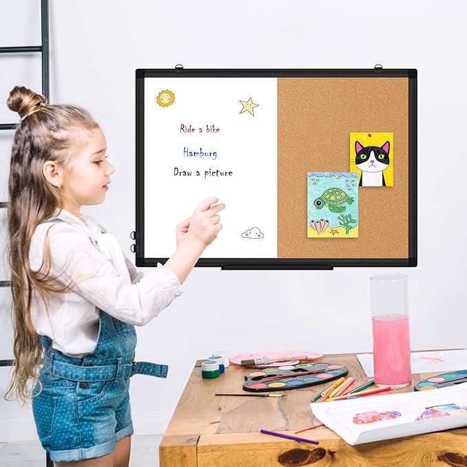 [24" x 18"] WALGLASS Dry Erase and Bulletin Boards Combo, Magnetic White Board Cork Board for Wall, Whiteboard & Corkboard Combination with Aluminum Frame, for Home, Classroom, Office