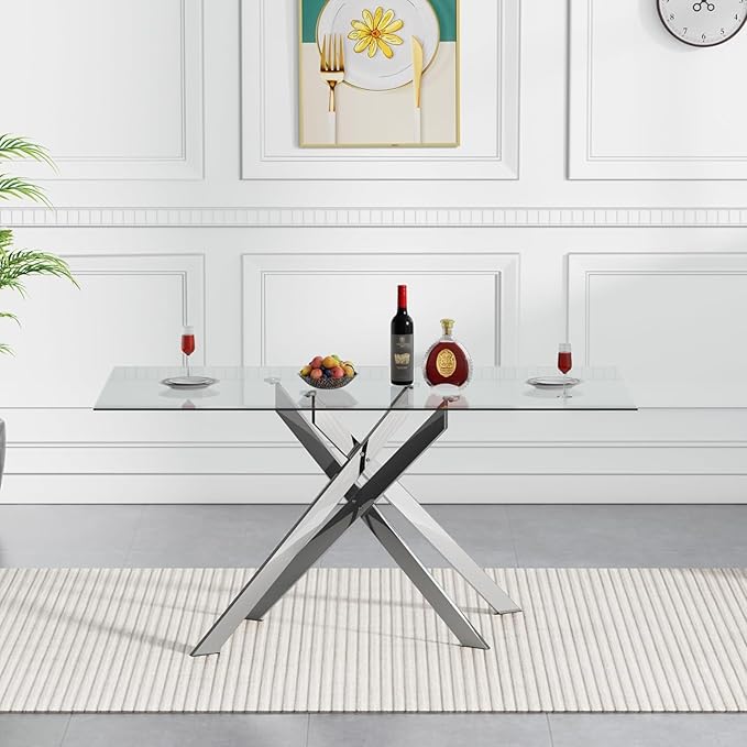 51.2" Glass Dining Table, Modern Kitchen Table for 4-6 People, Contemporary Rectangular Dining Room Dinner Tables with Clear Glass Top & Silver Metal X Legs for Kitchen Apartment