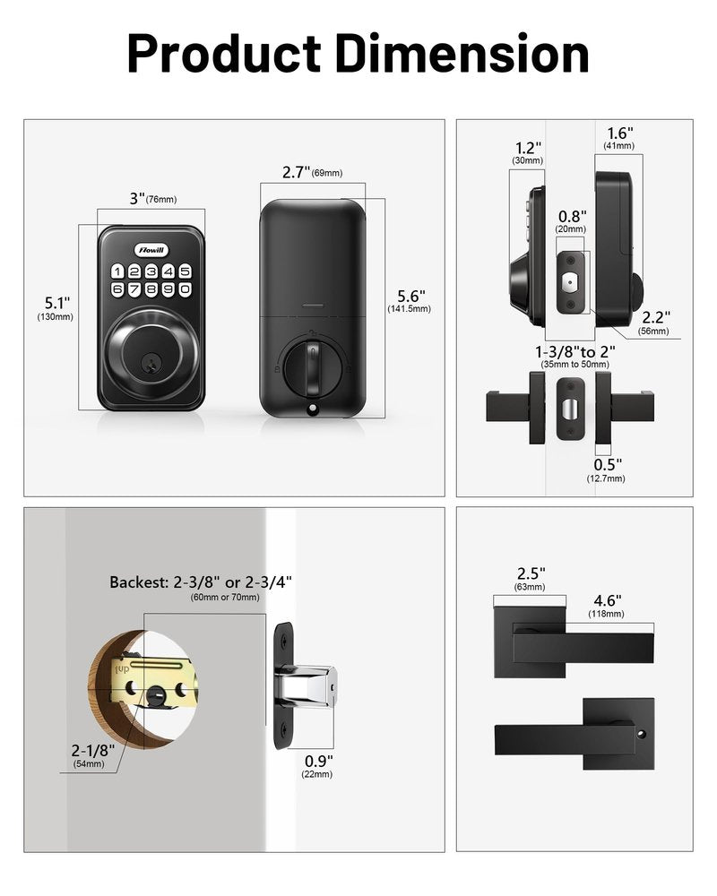 Zowill Keyless Entry Door Lock with 2 Lever Handles, Zowill Electronic Keypad Deadbolt, Auto-Locking, Anti-Peeping Password, Digital Code Door Lock, Front Door Handle Sets, Matte Black