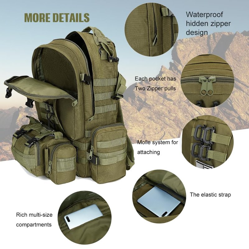 CALUOMATT Large Military Tactical Backpack for Men, 40-50L Backpacks for Women, Bug out Bag Army 3 Days Pack Bags Rucksack with Molle System Green