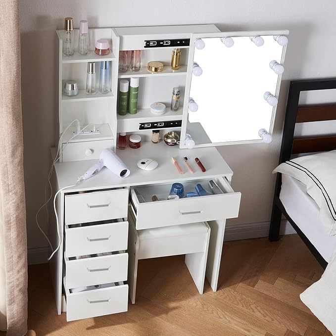 Dressing Table with Power Outlet for Hair Dryer, Phone Charging, Vanity Set with Miror and Lights, 5 Drawers and 6 Cabinets, Makeup Table for Girls, White