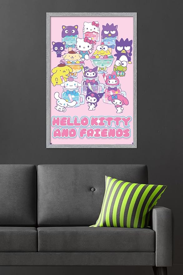 Trends International Hello Kitty and Friends: 24 Summer Fresh - Group Wall Poster, 34L x 22.4W, Gray Framed Version