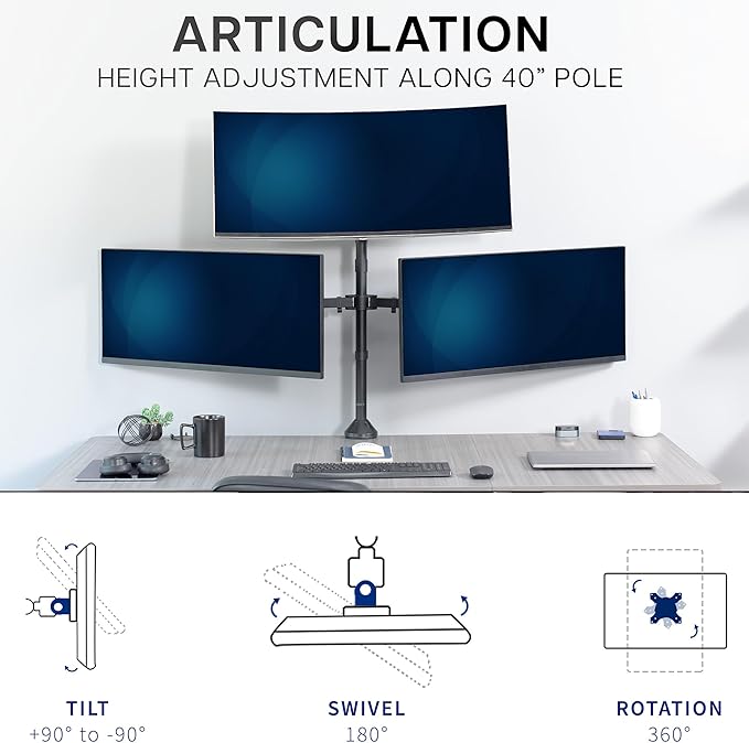 VIVO Premium Triple Ultra Wide LCD LED 27 to 38 inch Monitor Desk Mount, Heavy Duty C-clamp, Extra Tall Pole, Adjustable Telescoping Arms, Flush Wall Setup, Fits 3 Screens, Black, STAND-TS3CT