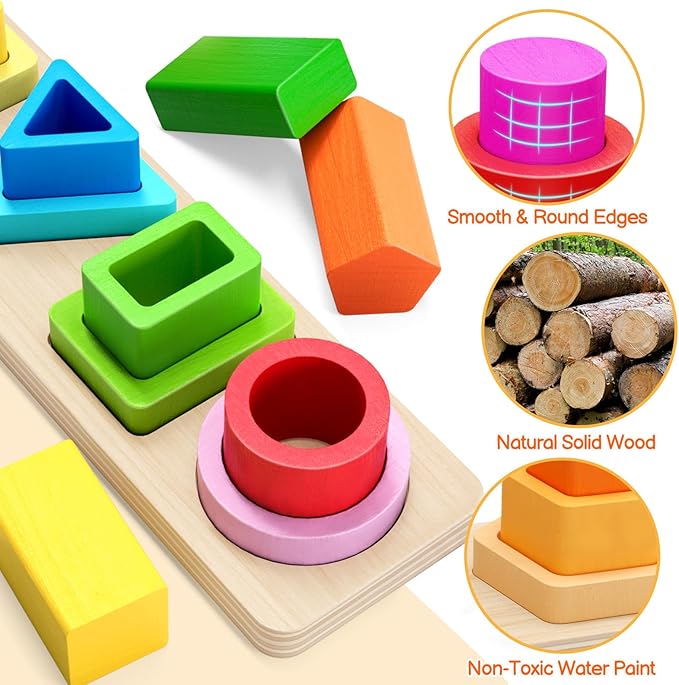 PEBIRA Montessori Toys for 1 2 3 Year Old Boys Girls Toddlers, Heightened Peg-Free Wooden Stacking Toys, Shape Sorter Learning Toy, Birthday Gift for Baby Kid Age 1-4 Preschool Toy, Various Game Play