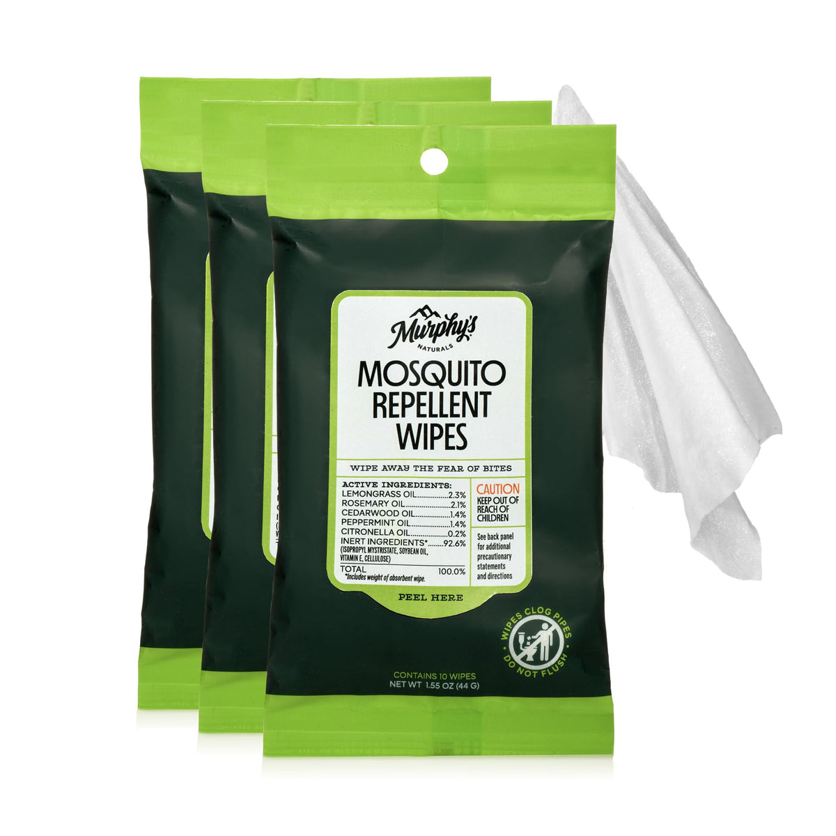 Murphy's Naturals Mosquito Repellent Wipes, Plant-Based, 10 Count Pack of 3