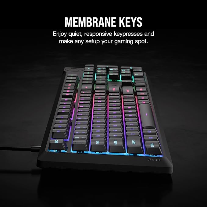 Corsair K55 CORE RGB Membrane Wired Gaming Keyboard – Quiet, Responsive Switches – Spill Resistance – Ten-Zone RGB – Media Keys – iCUE Compatible – QWERTY NA – PC, Mac – Gray