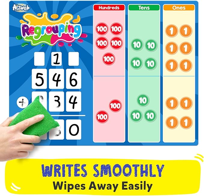 Aizweb Magnetic Regrouping Base Ten Place Value Chart,Addition and Subtraction Math Manipulatives,Dry Erase Board for 1st 2nd 3rd Grade Classroom Must Haves,Hands On Regrouping Math Games for Kids