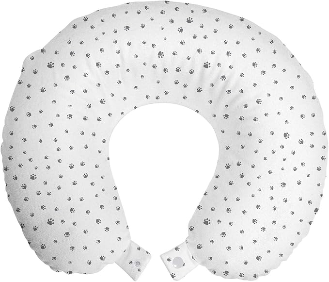 Ambesonne Dog Lover Travel Pillow Neck Rest, Foot Prints of an Animal Pet Canine Marks Abstract Nature Themed Illustration, Memory Foam Traveling Accessory for Airplane and Car, 12", Grey White