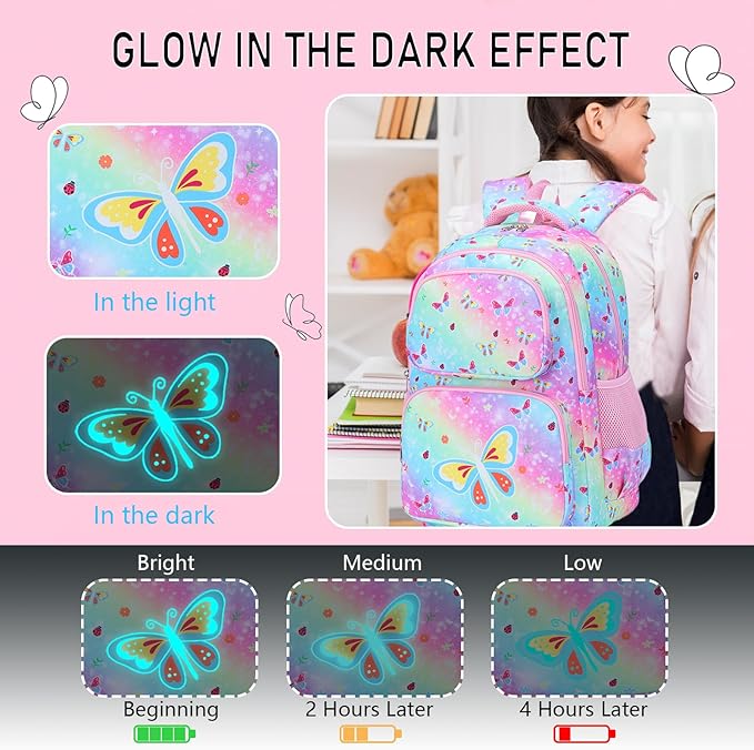 Girls Backpack with Lunch Box Glow in Dark Butterfly Bookbag Teens Ages 4-12 Kindergarten Elementary Middle School Butterfly Backpack, Luminous Butterfly Rainbow