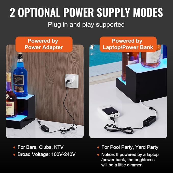 VEVOR LED Lighted Liquor Bottle Display, 2 Tiers 60 Inch Commercial Illuminated Home Bar Shelf, 2 Steps Whiskey Rack Stand, Acrylic Drink Shelves with RF Remote & App Control, and Multicolor Light