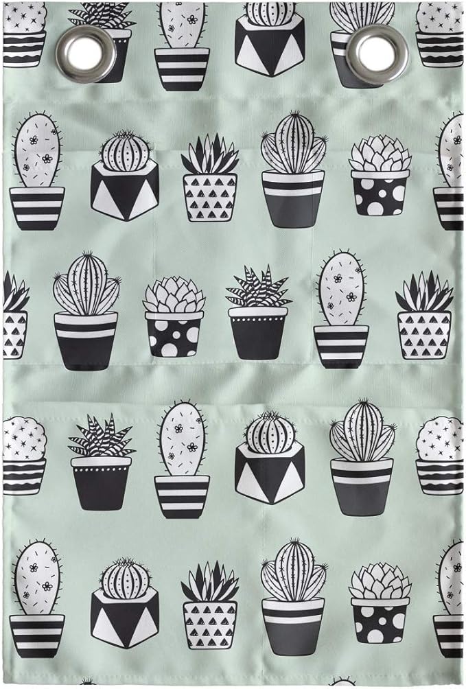 Ambesonne Cactus Hanging Pocket Organizer, Mini Cacti in Pots with Geometric Designs Polka Dots Stripes, Printed Polyester Storage Bag with Pockets, 14" x 20", Mint Green Charcoal Grey