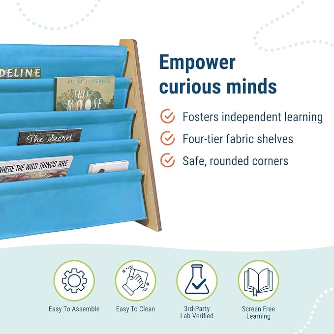 Wildkin Wooden Sling Bookshelf for Kids – Premium Canvas Design with 4 Fabric Shelves, Organizer for Home or Classroom - Natural w/Sky Blue
