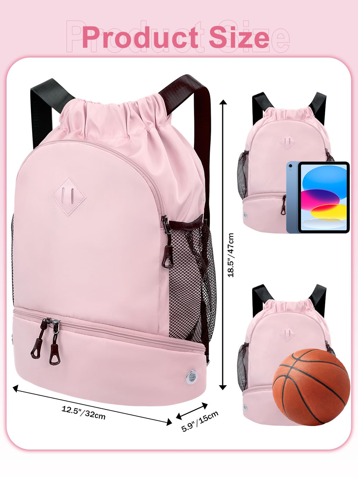 RHDZO Drawstring Backpack Gym Backpack with Shoe Compartment for Men Women String Sports Bag with Wet Pocket Cinch Swim Beach Bag, Large Pink
