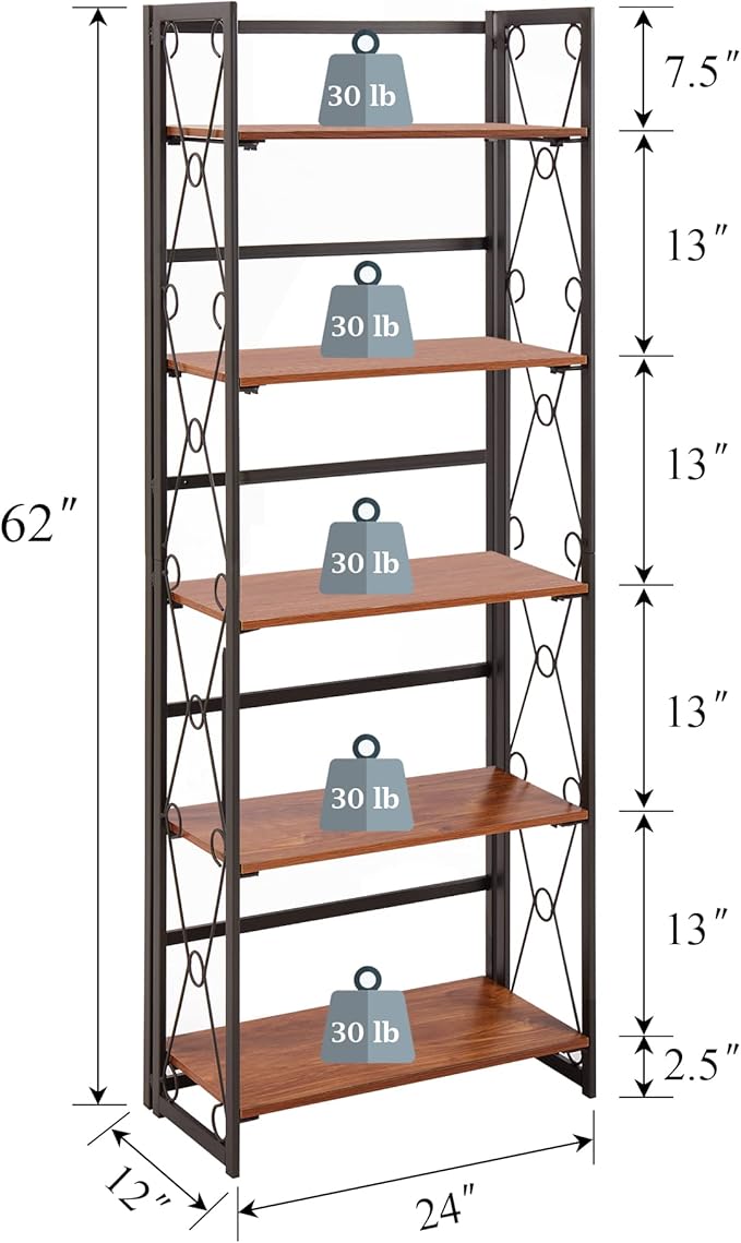 VECELO Folding Bookshelf 5-Tier,Industrial Metal Frame & Wood Shelves,Foldable Bookcase Easy Assembly Free Standing Tall Storage Organizer for Living Room,Office,Bedroom