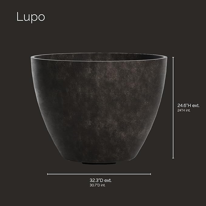 Lupo Tapered Planter – Brown Stone Finish – Fiberglass Indoor/Outdoor and Weather-Resistant Large Planter (32.3" D x 24.6" H Exterior, 30.7" D x 24" H Interior)