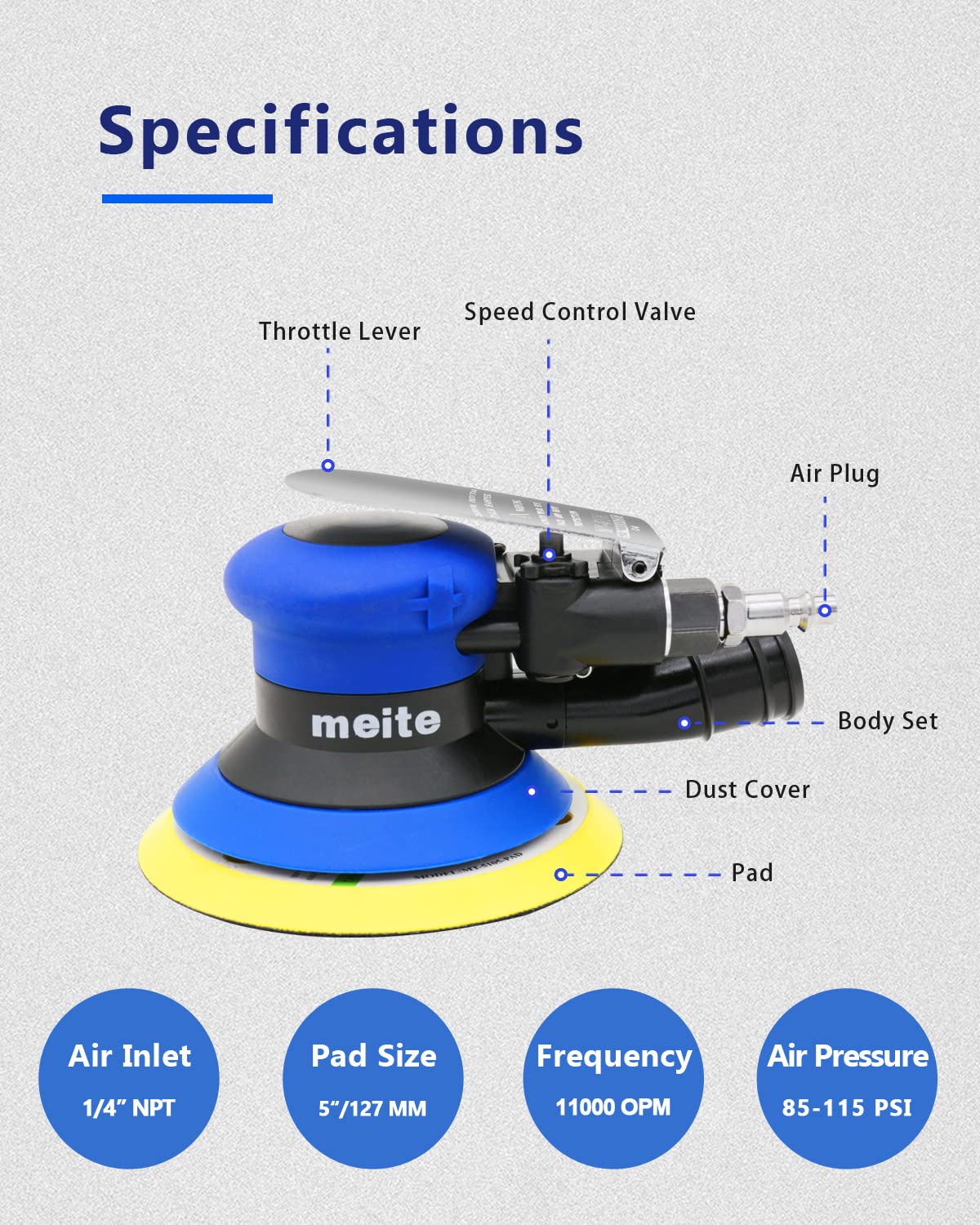 meite Random Orbital Sander 5 Inch Pad with Dust Collection System, DA Palm Sander with Variable Speed & Low Vibration, Ergonomic Pneumatic Air Sander for Professional & DIY Woodworking