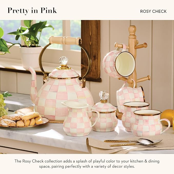 MACKENZIE-CHILDS Checkered Enamel Serving Bowl for Entertaining, Everything Bowl, Rosy Check