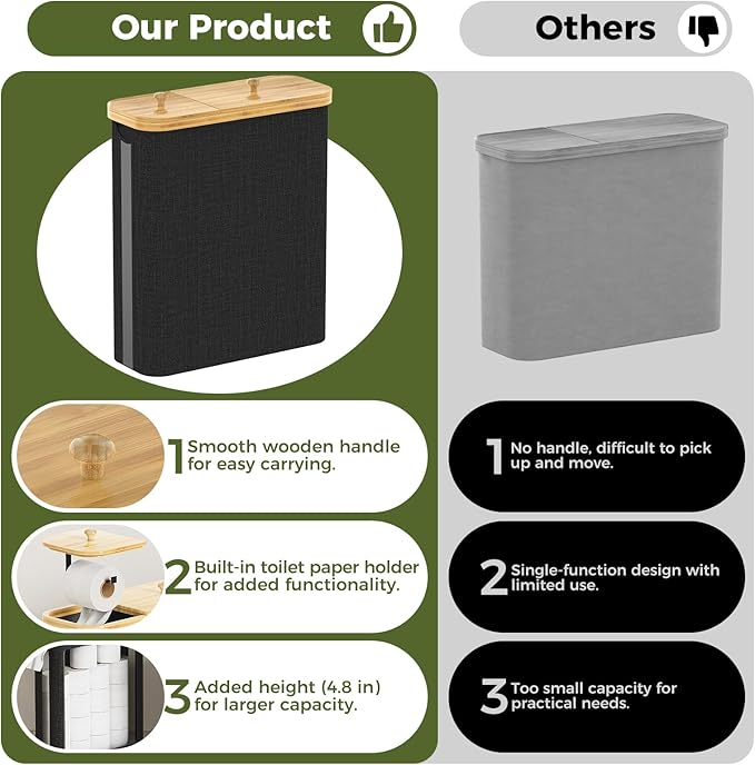 42L Toilet Paper Basket with Bamboo Lid, Toilet Paper Storage with Toilet Paper Holder & Non-Slip Mat for Bathroom Organizer, Holds up to 19 Regular Rolls or 14 Mega Rolls, Collapsible & Stackable