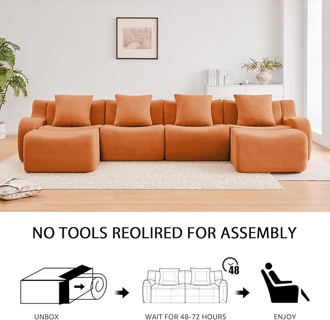 Orange 4-Seater Cloud Couch, Modern Teddy Fabric Boneless Sectional Sofa in a Box for Living Room, Modular Floor Couch, Comfortable Deep Seat, No Assembly Required, Sofas para Sala