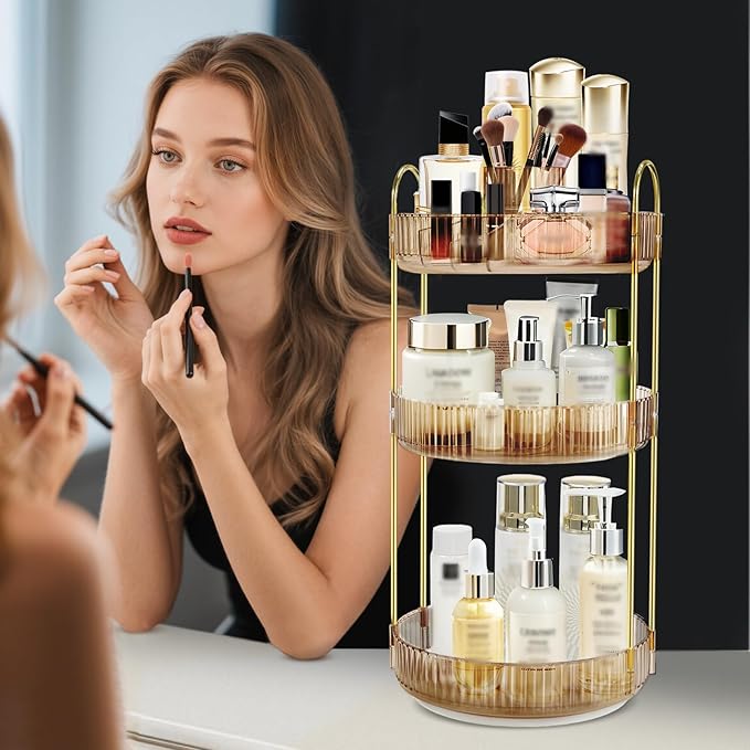 360 Rotating Makeup Organizer for Vanity,3 Tier Large Capacity Skincare Organizers,Bathroom Counter Organizer, transparent Spinning Perfume Organizer & Vanity Organizer (NEW-GOLD, 3 Tier)