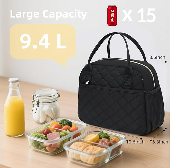 CAMTOP Lunch Box for Women Insulated Lunch Bag Lunchbox Cooler Thermal Leakproof Quilted Reusable Lunch Tote Bag for Work School Travel Picnic (Black)