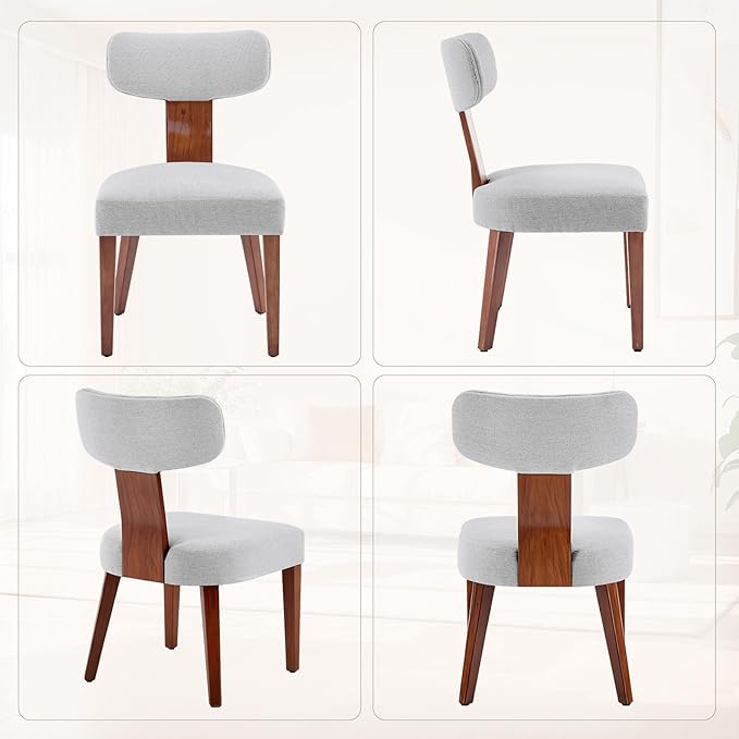 Dining Chairs Set of 5, Mid-Century Modern Upholstered Kitchen Chairs with Curved Backrest and Linen Fabric Seat, Wood Leg Accent Chairs for Dining Room, Living Room, Bedroom, Grey