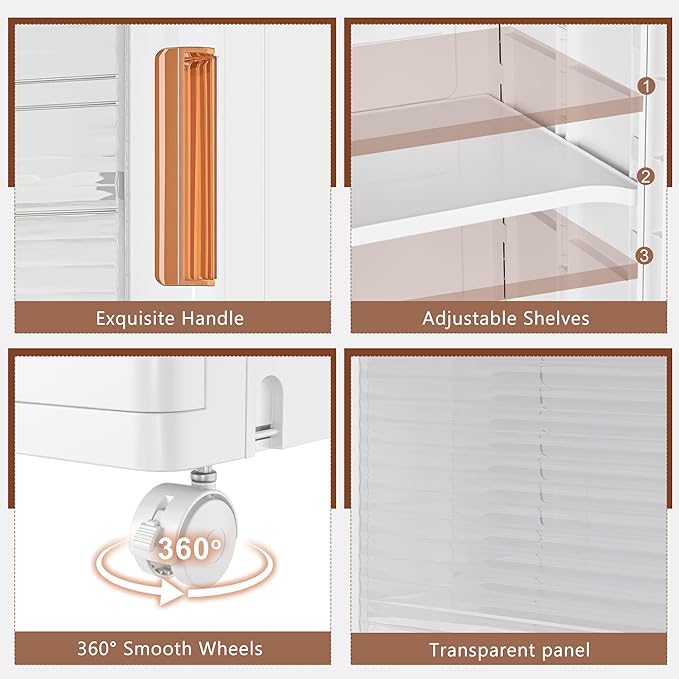 VECELO 226QT Stackable Storage Bins with Lids, Large Storage Cabinet with Drawer and Doors, Movable Wheels, Adjustable Shelves, Anti-Tip, for Living Room, Bedroom, Kitchen, White