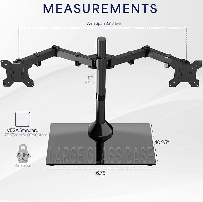 VIVO Freestanding Dual Monitor Stand with Sleek Glass Base and Adjustable Arms, Mounts 2 Screens up to 32 inch and 22 lbs Each, Black, STAND-V002FG