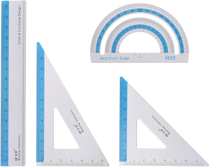 HARFINGTON 4pcs Geometry Set 15cm Metric Measure Ink Printing Aluminum Ruler Metal Ruler Set Triangle Protractor Ruler Tool Set for Classroom, Office, Home, Blue