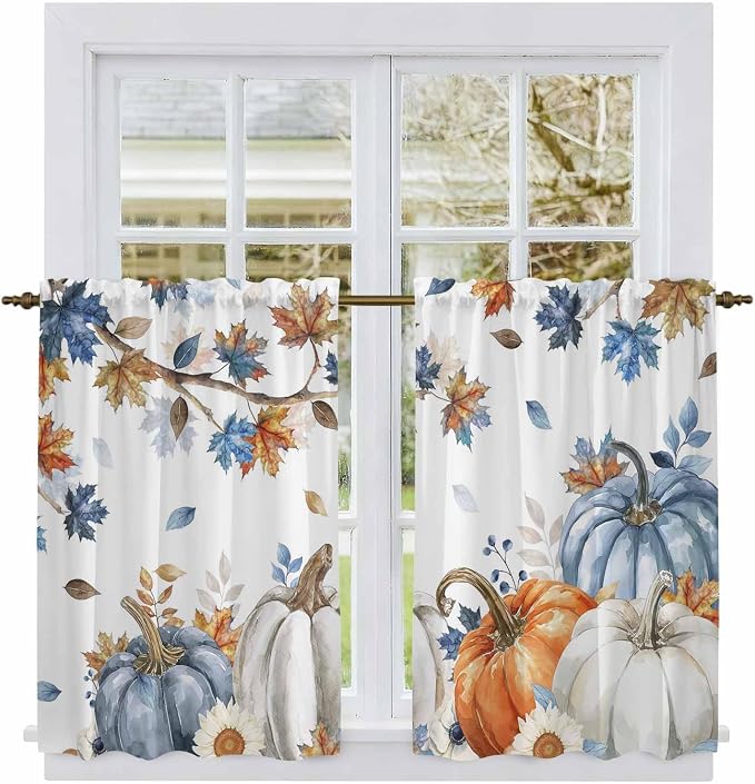 Navy Blue Pumpkin Fall Kitchen Curtains 45 Inch Long 2 Panel Set, Rod Pocket