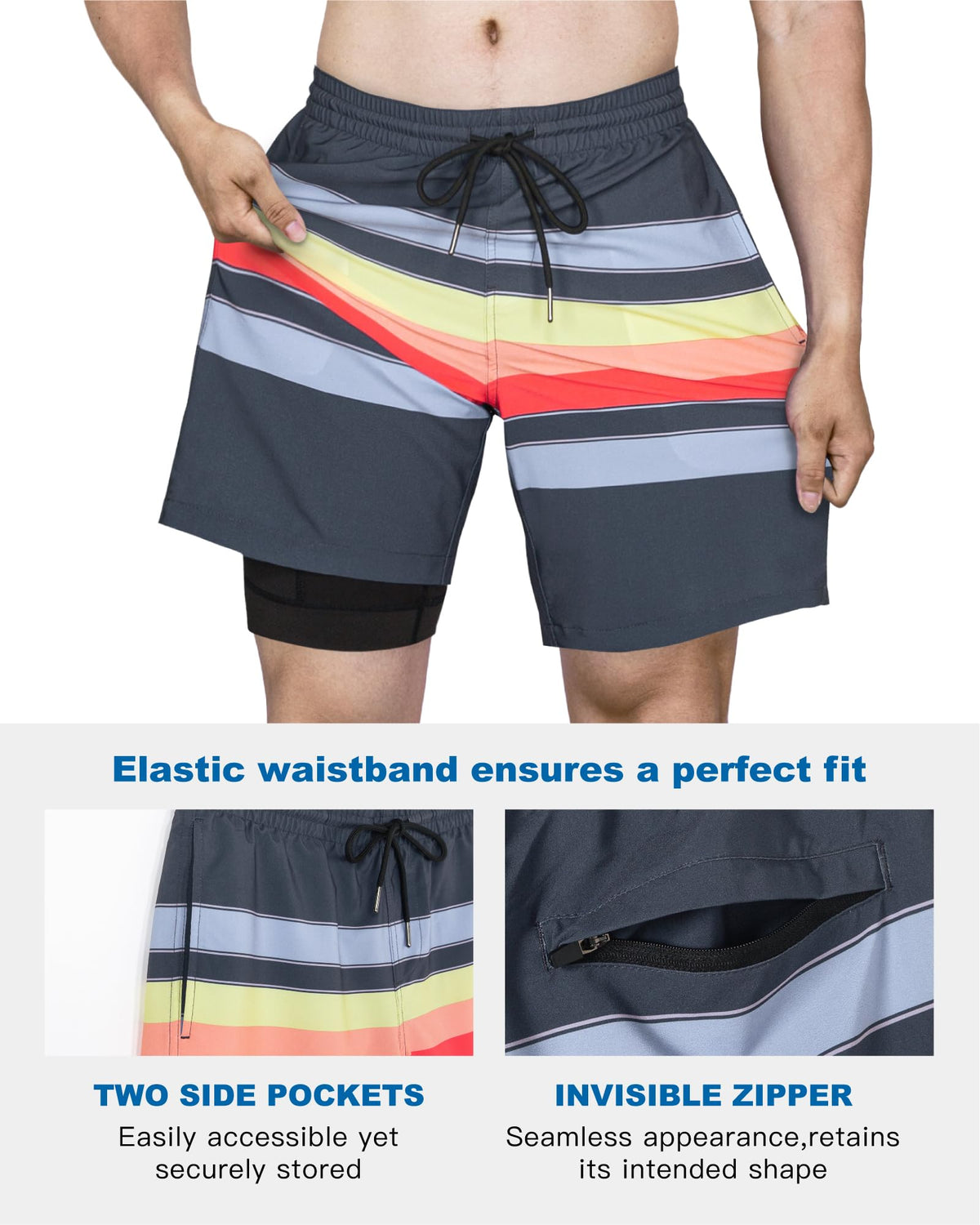 SURF CUZ Mens Swim Trunks with Compression Liner Quick Dry Swim Shorts 7" Swimming Trunks Stretch Bathing Suit 7 Inch,Sunset Stripes,L