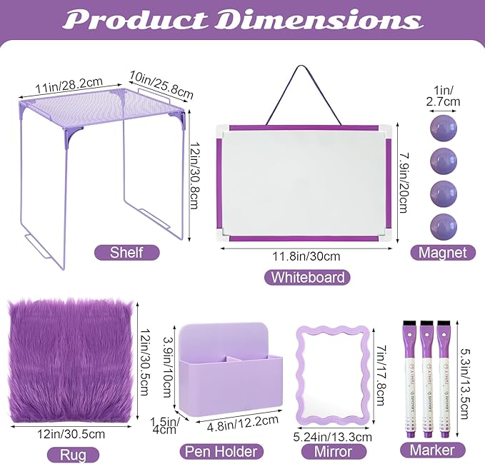 12 Pcs Locker Organizer and Decorating Kit, First Day of School Essentials,Back to School Essentials Locker Decoration, Print Whiteboard with Markers Plush Area Rug String Mirror(Purple)