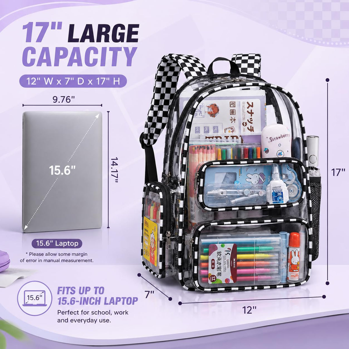 BTOOP Clear Backpack Heavy Duty Transparent Backpack 17" See Through Bookbag for College Work Festival Security with Padded Strap Large Capacity