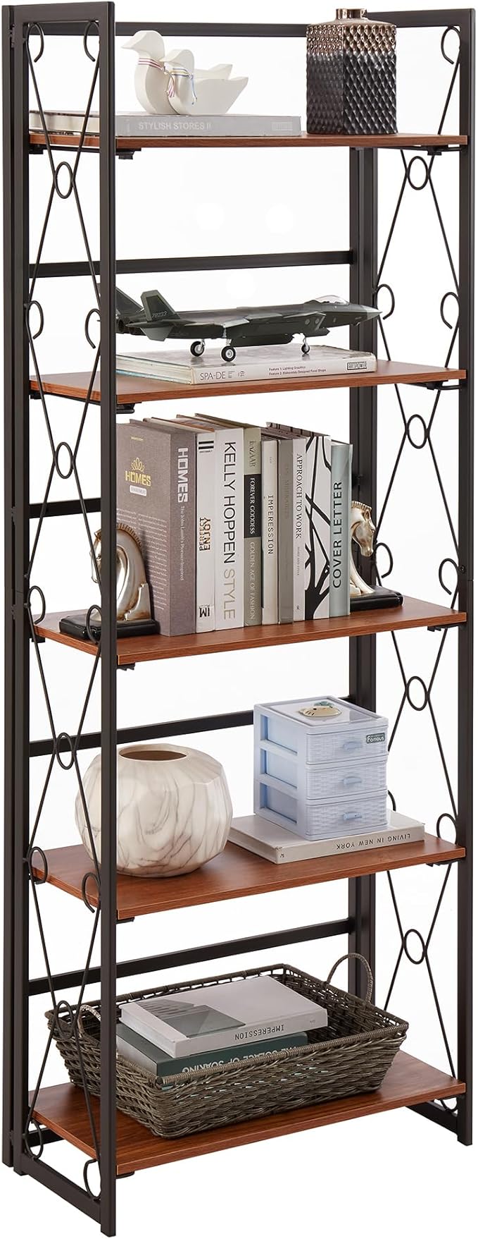 VECELO Folding Bookshelf,5 Tier Bookcase Foldable Easy Assembly, Industrial Book Shelf Storage Organizer with X Metal Frame and Anti-Toppling Design,1 Set
