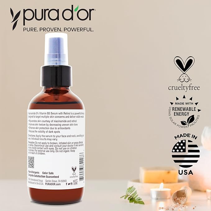 PURA D'OR B3 Niacinamide Advanced Facial Serum (3.3oz x3 = 9.9oz) Skin Care Formula with Retinol For Wrinkles, Hydration & Complexion - All Skin Types, Hypoallergenic - Women & Men