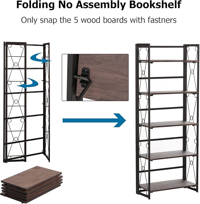 VECELO 2 Set Folding Bookshelf 5-Tier,Industrial Metal Frame & Wood Shelves,Foldable Bookcase No Assembly Free Standing Storage Organizer for Living Room,Office,Bedroom