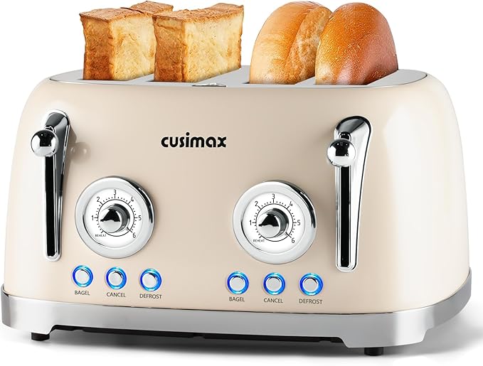 CUSIMAX Toaster 4 Slice, Retro Toaster with Wide Slots for Bagels, Cream