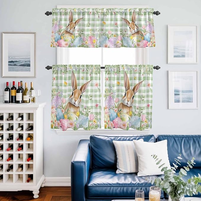 Kitchen Curtains Tiers and Valance Set of 3, Easter Light Filtering Window
