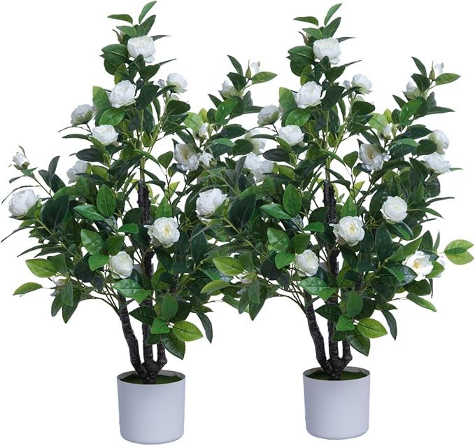 Artificial Camellia Tree 35in Faux Floral Plant with White Flowers and Green Leaves - No Maintenance Indoor Outdoor Office Home Porch Decor Housewarming Gift(2Pack，White)